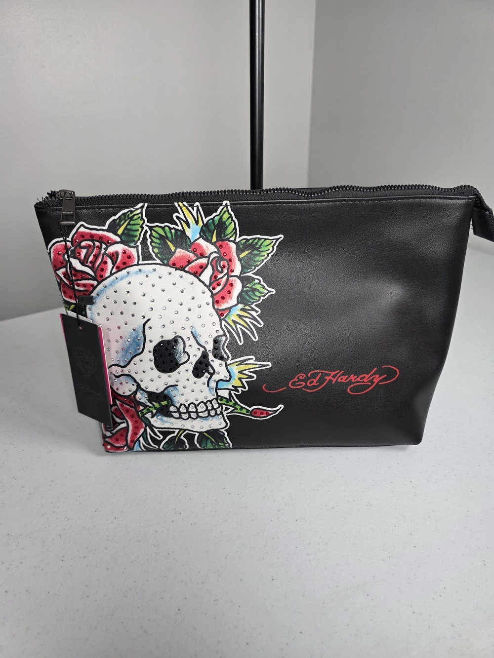 Ed Hardy Black Cosmetic Pouch with Skull & Red Rose Graphic